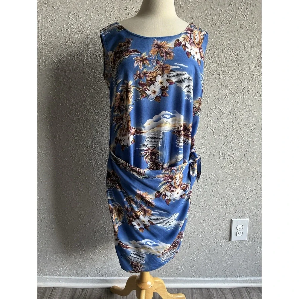 Women's Hilo Hattie Blue Tropical Rayon Sarong Wrap Dress Floral Hawaiian Size L - Picture 10 of 14